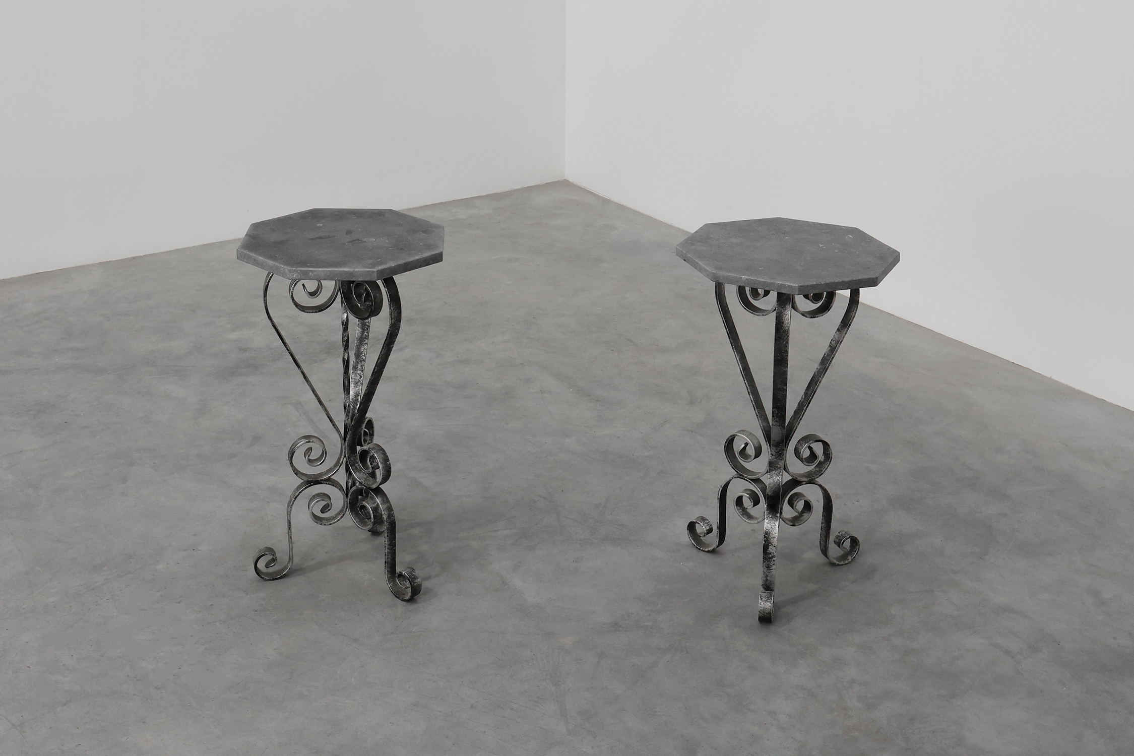 Pair of French Wrought Iron Consoles with Belgian Blue Stone Tops, 1950sthumbnail